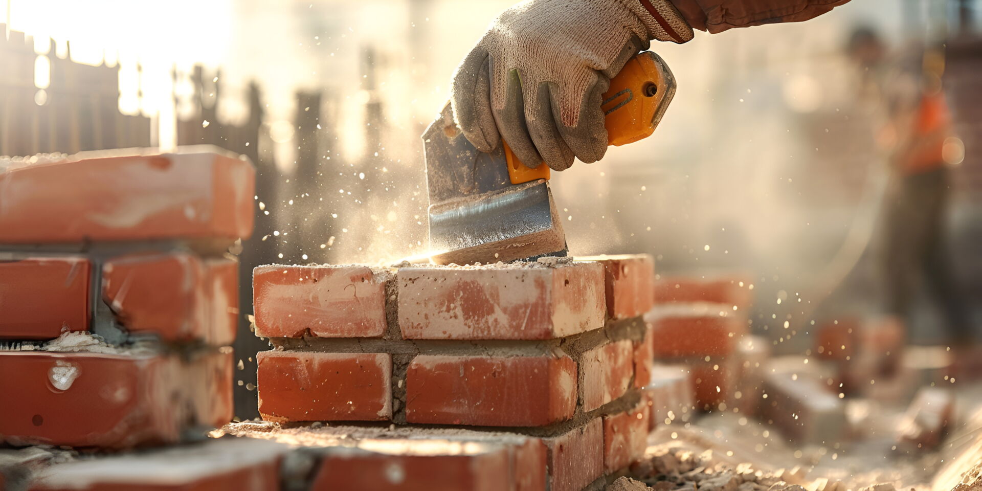 Hand mit Handschuh und Maurerkelle beim Vermauern von roten Ziegelsteinen; präzises Handwerk von Weier Bau.