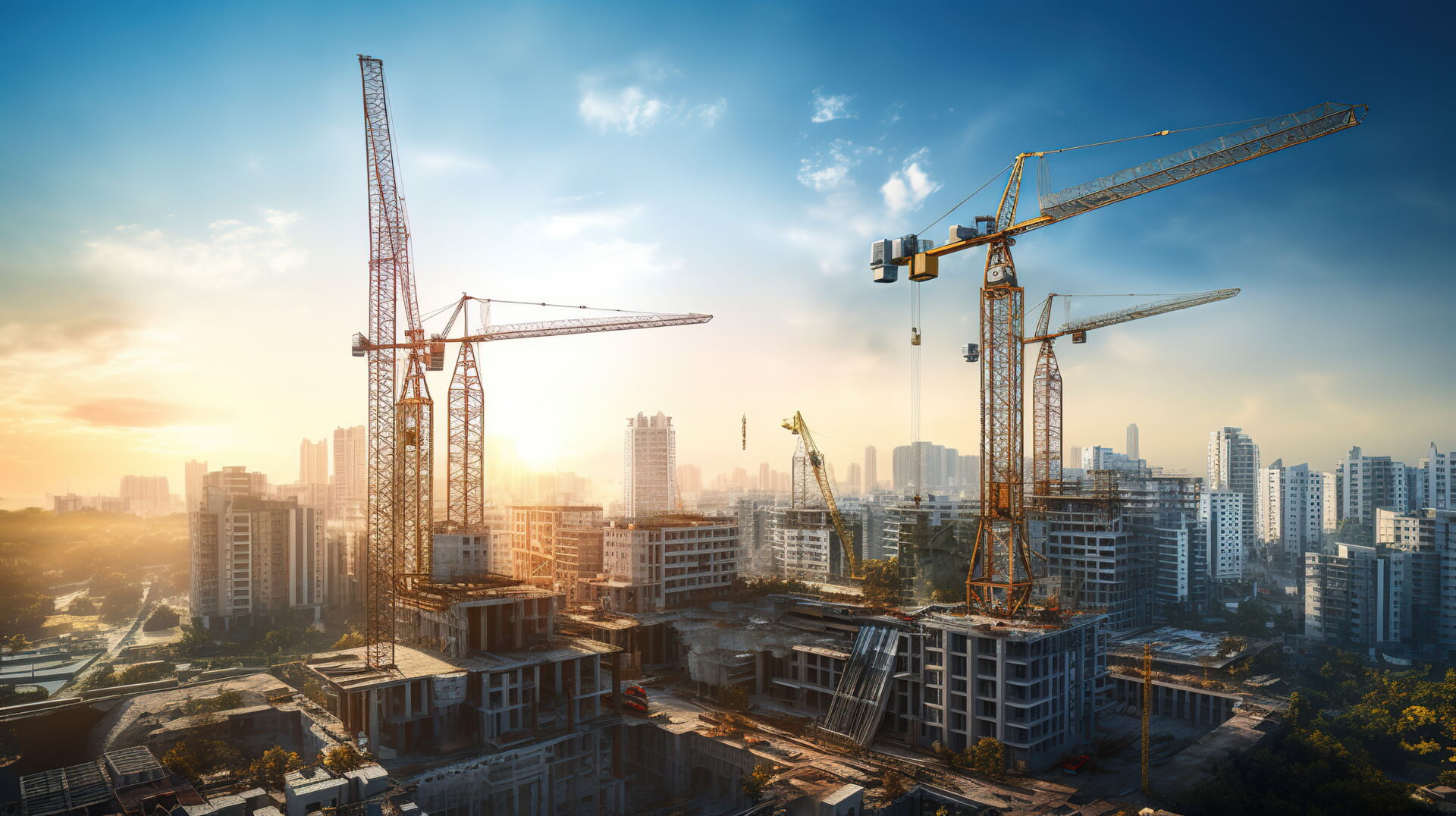 Große Baustelle mit mehreren Kränen und Hochhäusern im Bau; ein Projekt von Weier Bau.